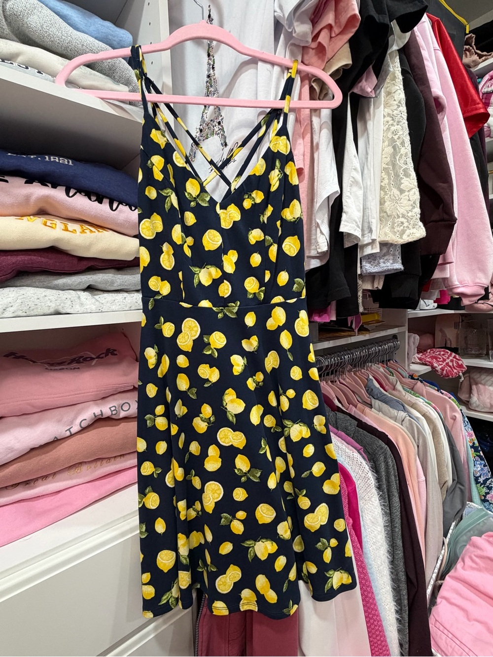 Nine Britton Navy Lemon Print Strappy Womens Sundress, small